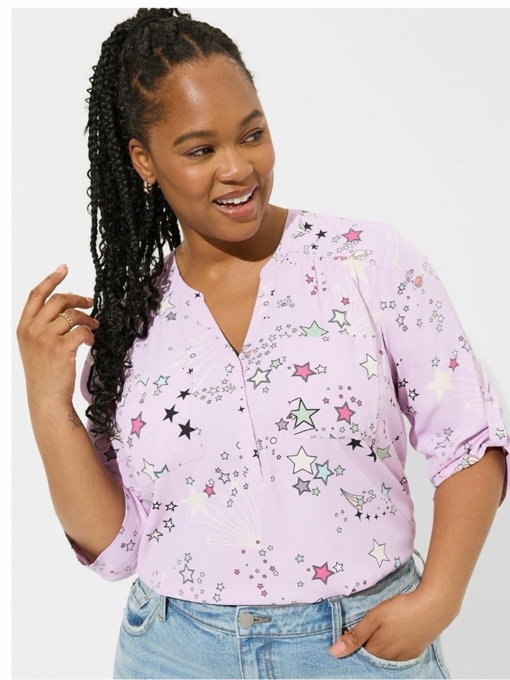 Torrid Harper Celestial Star
Georgette Blouse 2 2x Purple Roll
Tab Sleeve Pocket